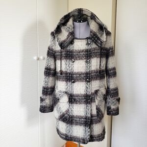 DKNY Women's Double-Breasted Mid-Length Plaid Coat with Hood  Size 8